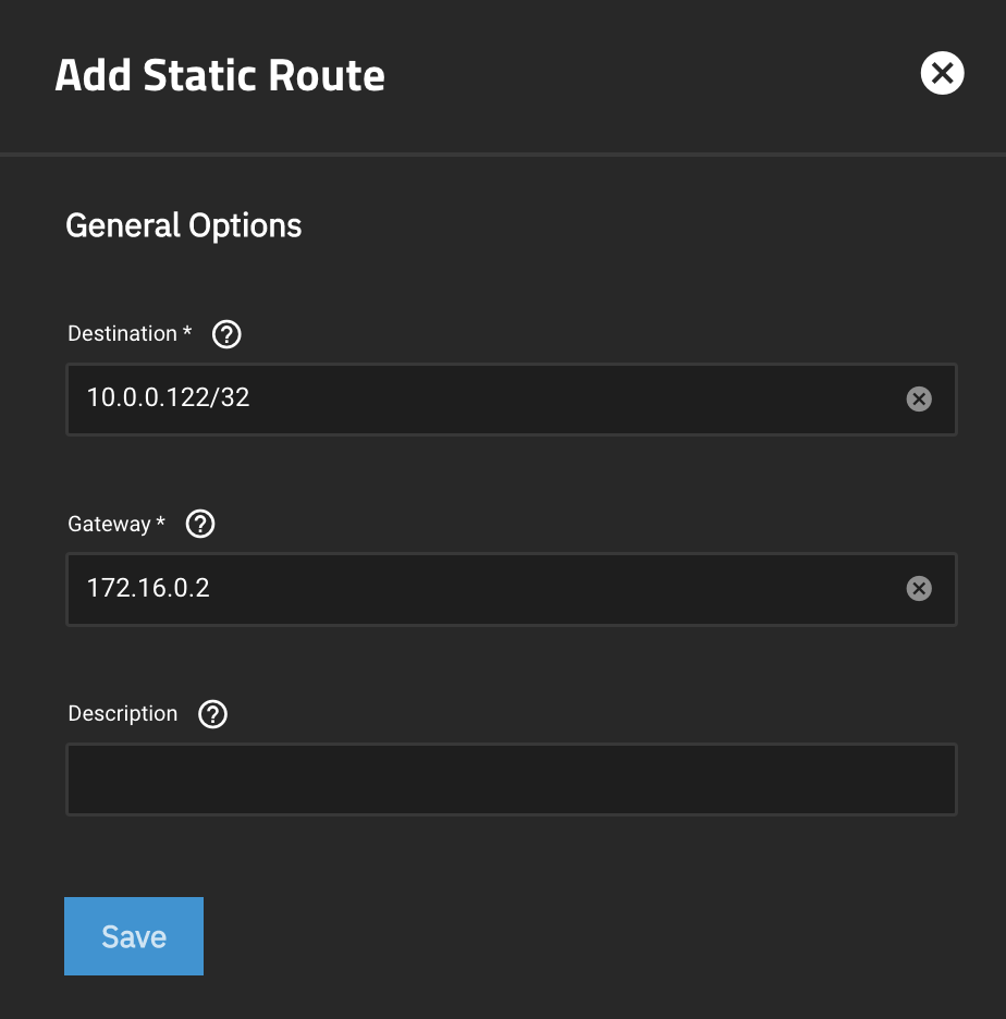 TrueNAS "Add Static Route" screen